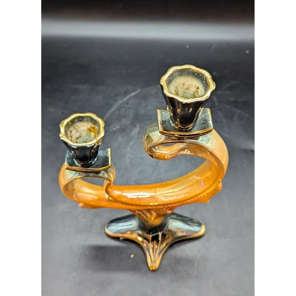 Vintage Orange Lusterware Ceramic Candelabra 9.75